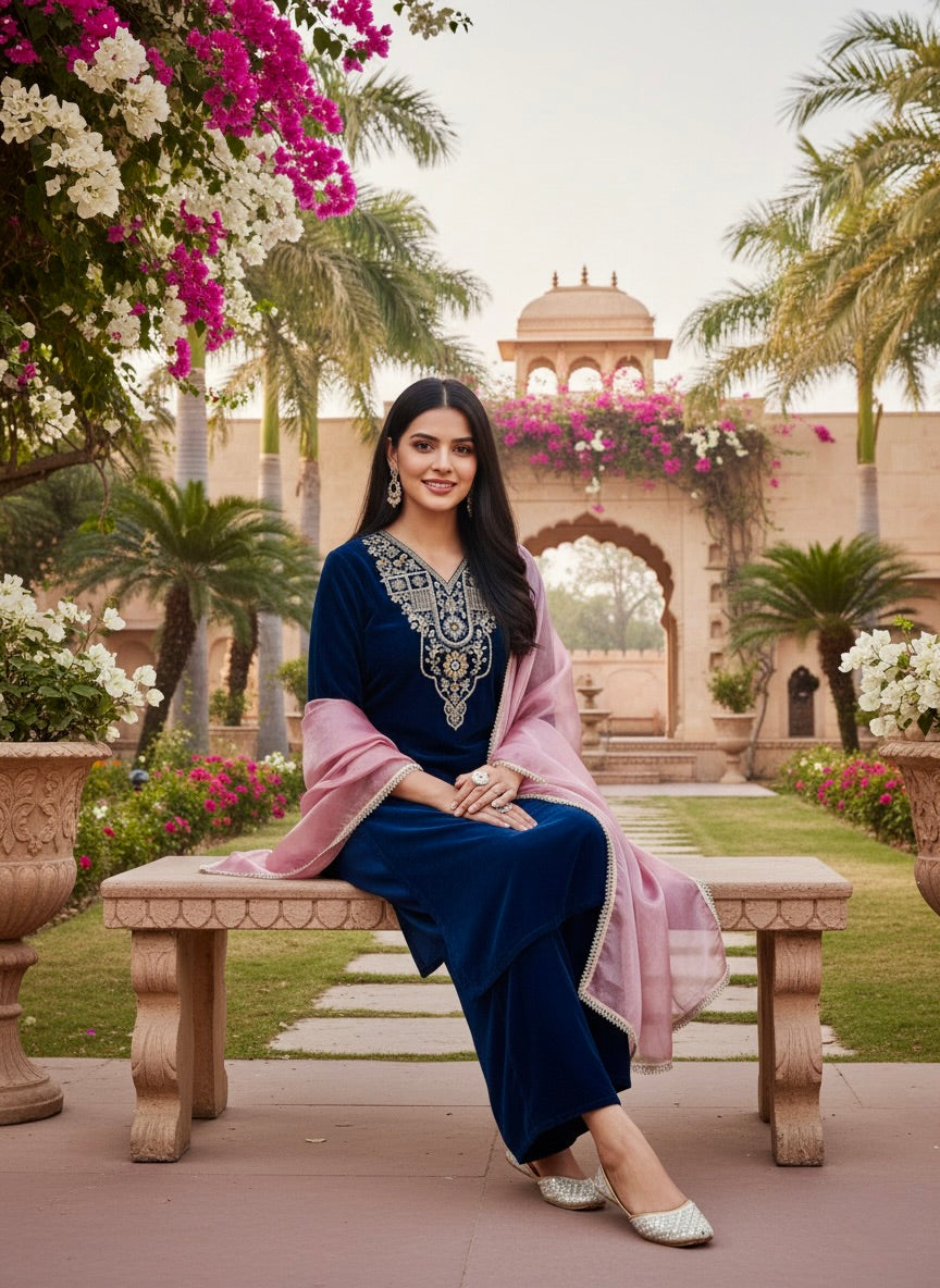 Teal Blue Velvet Embroidered Kurta with pink Dupatta