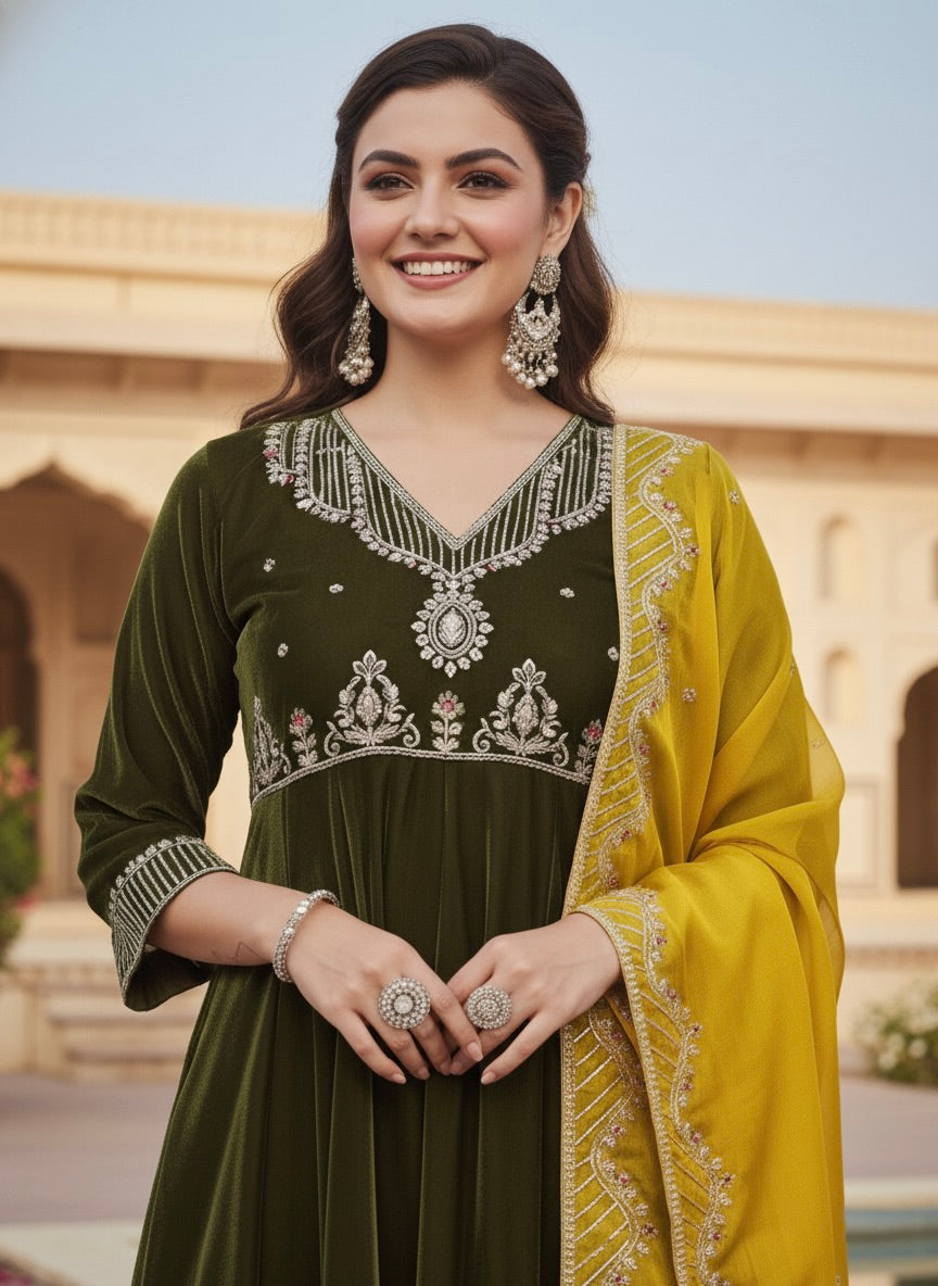 Olive Green Solid Velvet Anarkali Suit With Dupatta