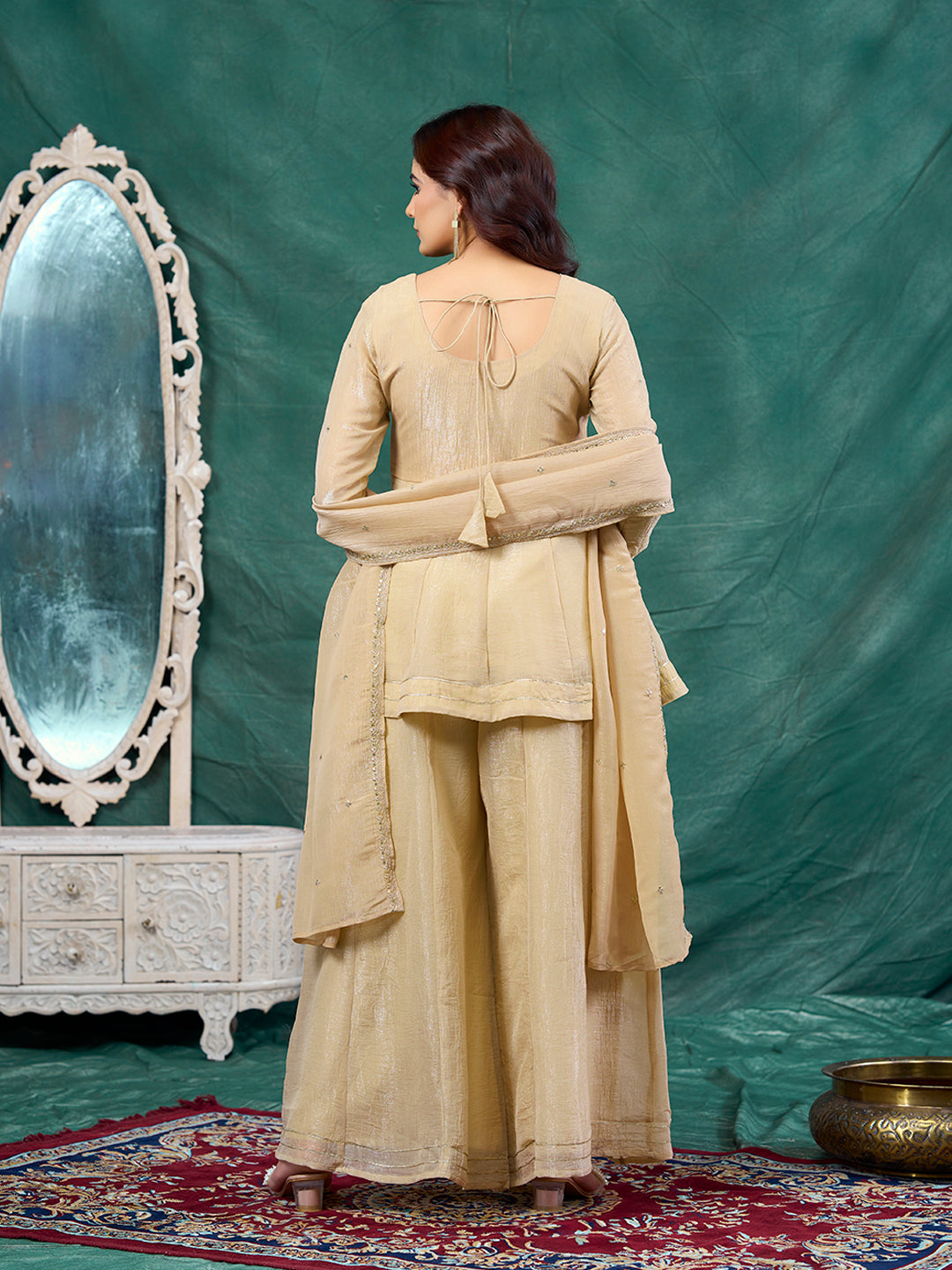 Off White Embroidered Peplum Top with Sharara Set