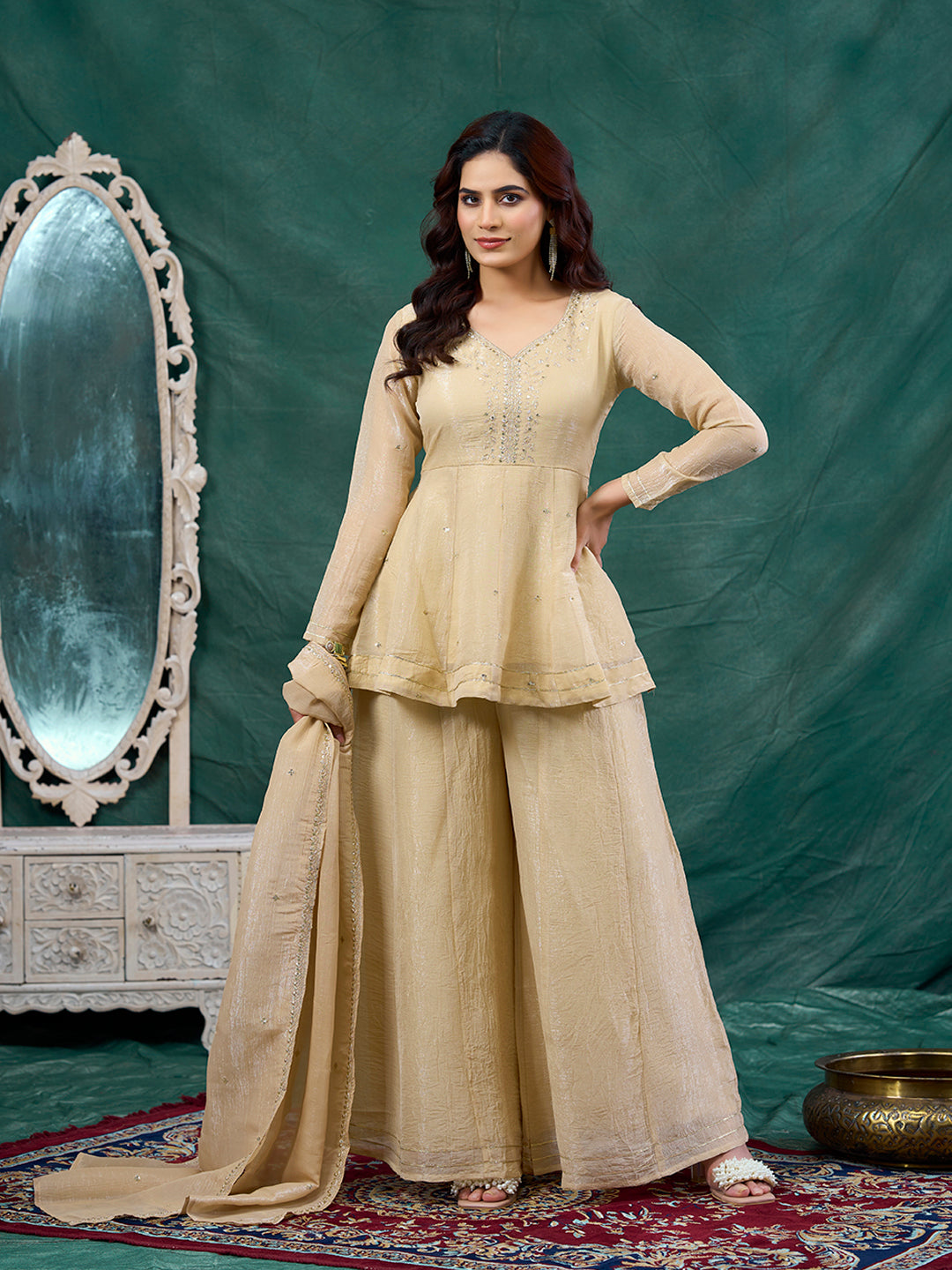 Off White Embroidered Peplum Top with Sharara Set
