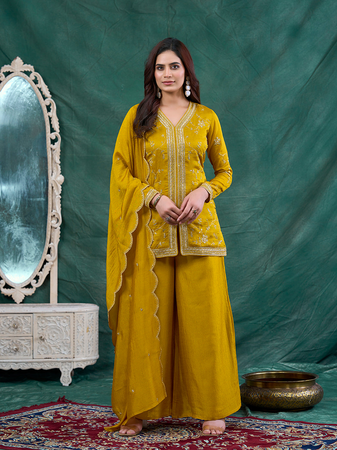 Mustard Embroidered Peplum Top with Sharara Set