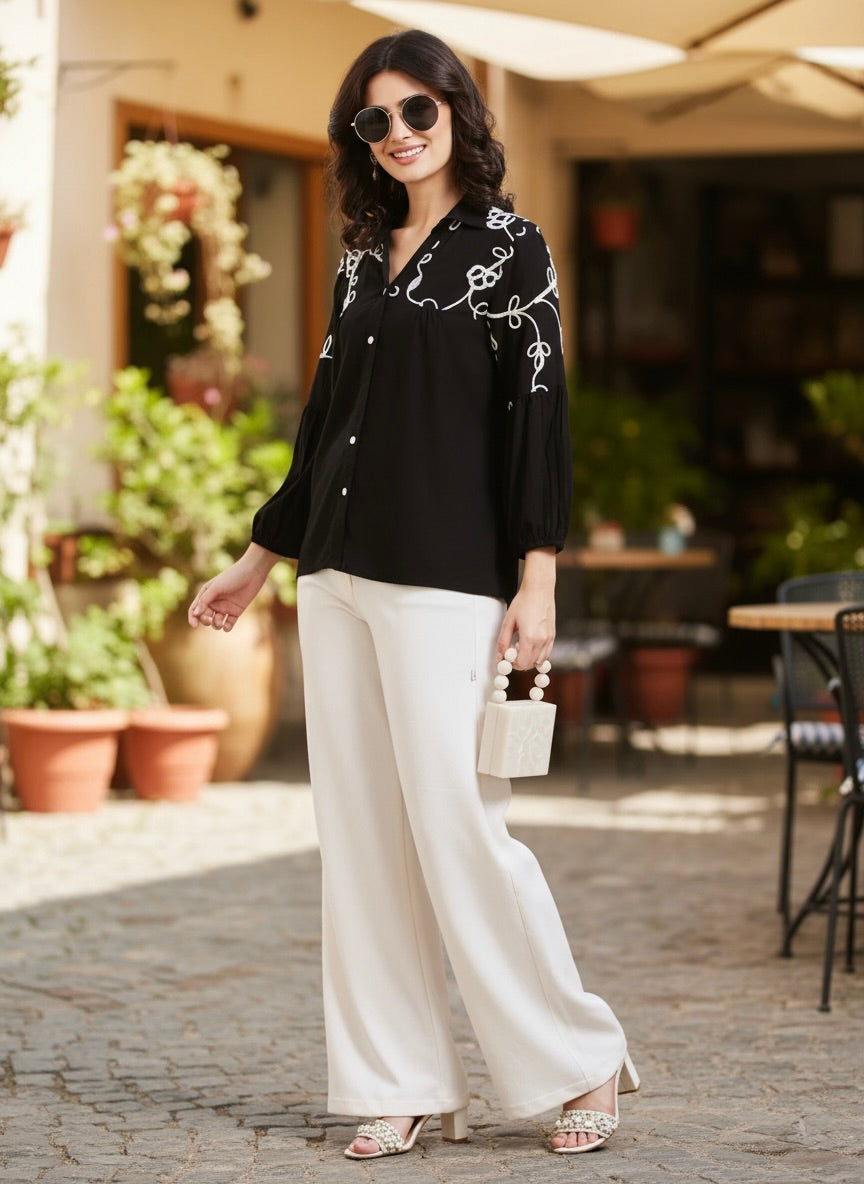 Designer Black Embroidered Rayon Shirt for Women