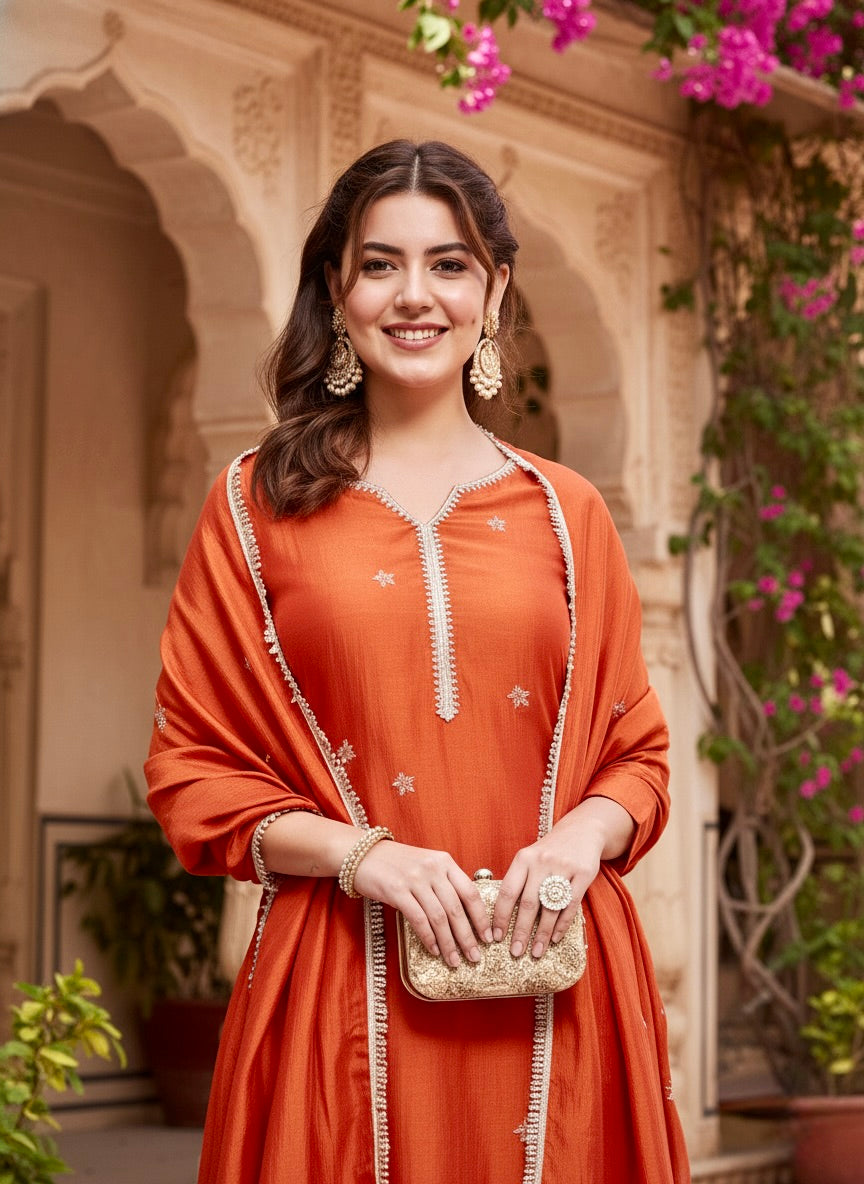 Orange Embroidered Silk Kurta with Dupatta Set