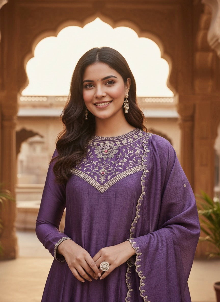 Dark Lavender Embroidered Silk Anarkali Kurta With Dupatta Set