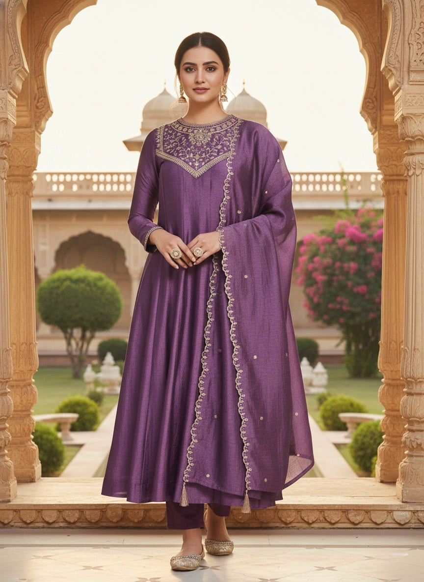 Dark Lavender Embroidered Silk Anarkali Kurta With Dupatta Set