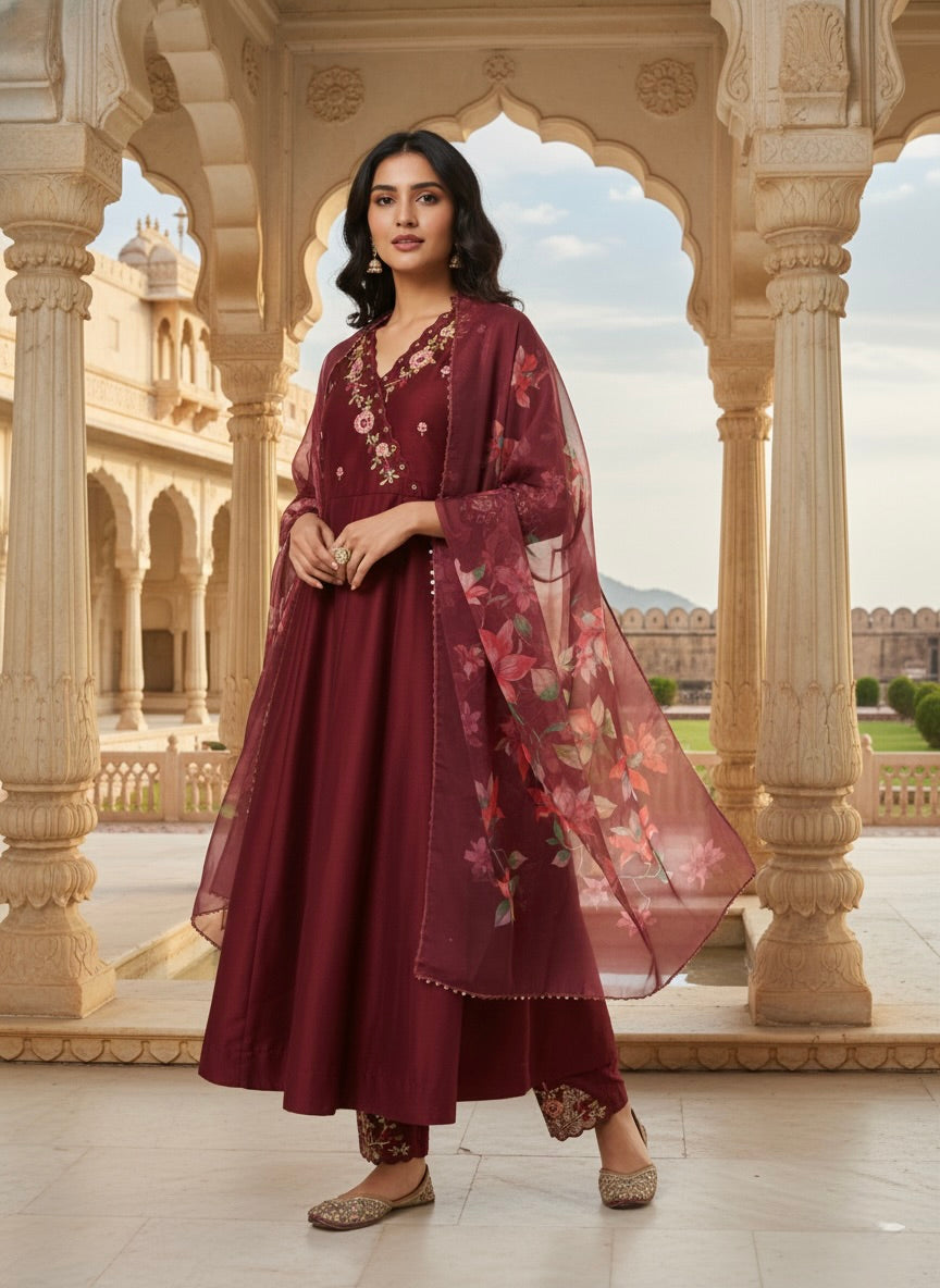 Maroon Embroidered Anarkali Kurta Set with Printed Dupatta