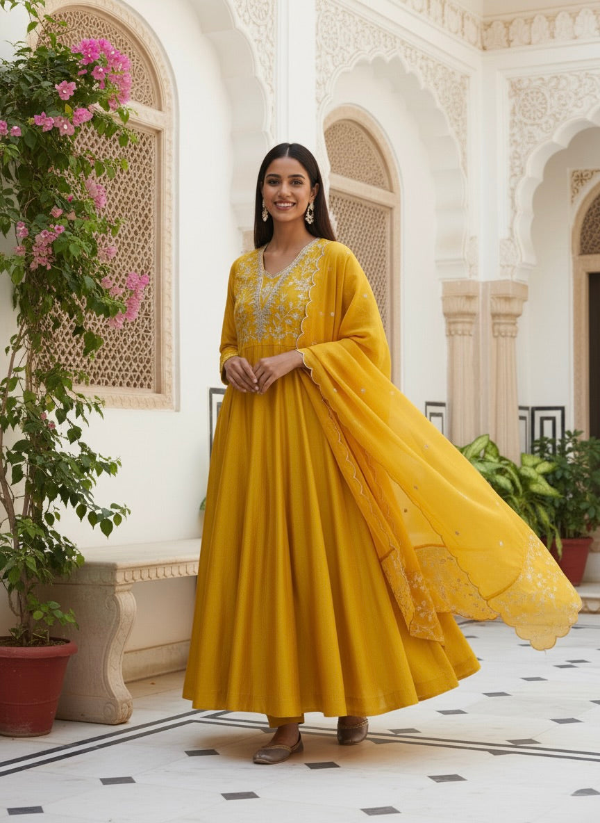 Mustard Embroidered Silk Anarkali Kurta With Dupatta Set