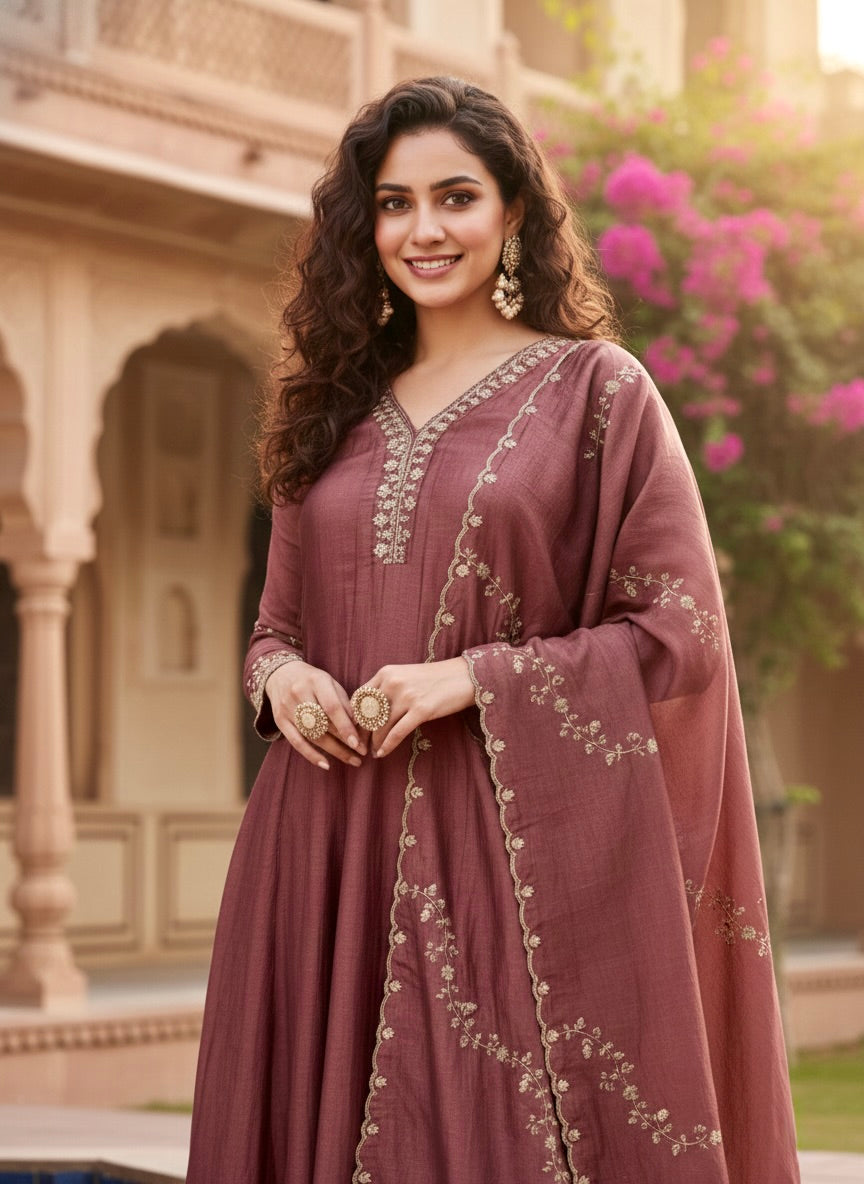 Maroon Silk Embroidered Anarkali Kurta with Dupatta Set