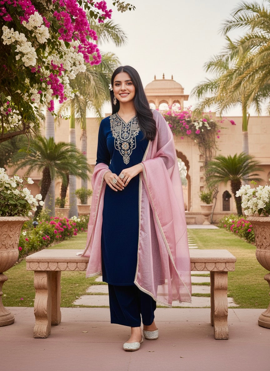 Teal Blue Velvet Embroidered Kurta with pink Dupatta | full front side