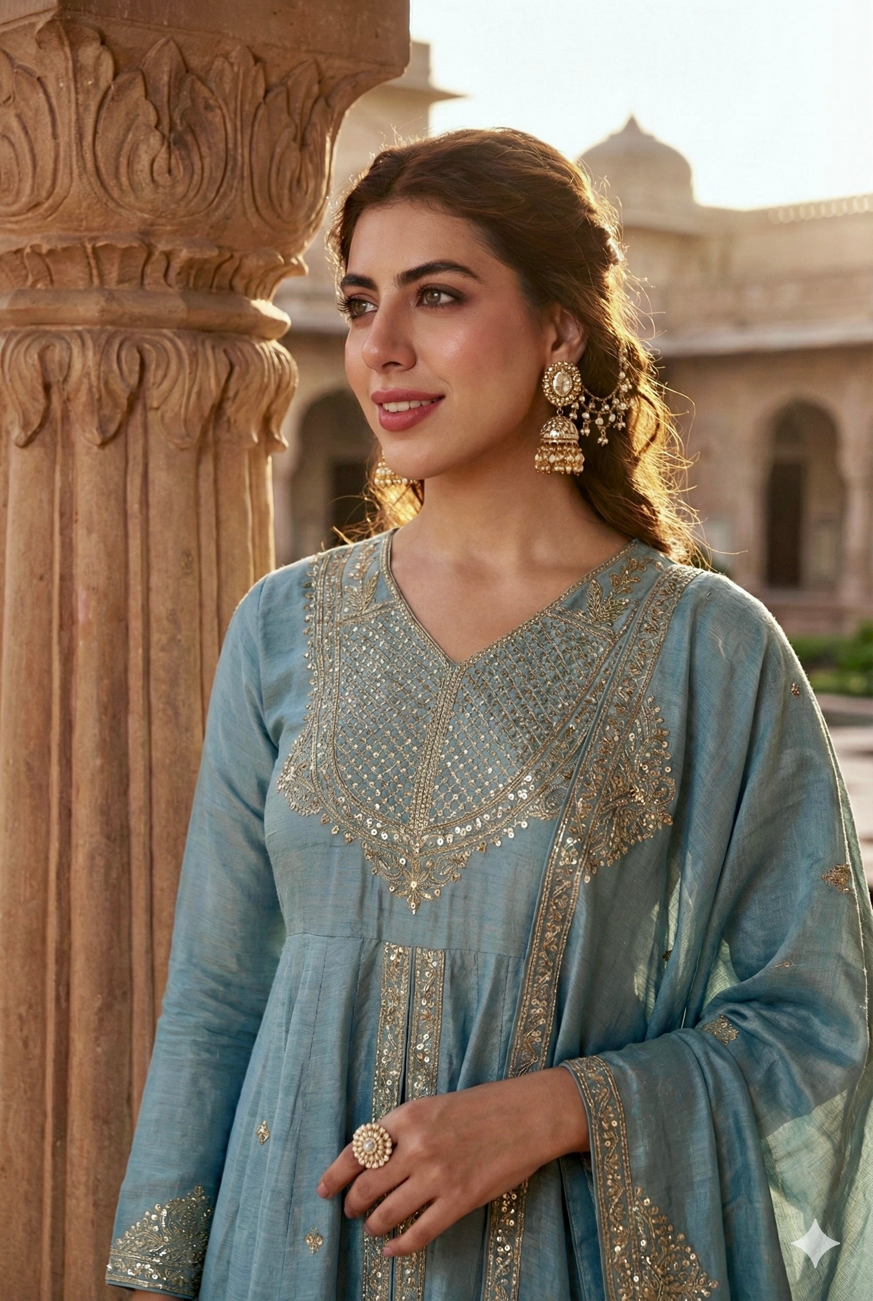 Sky Blue Silk Embroidered Anarkali Kurta With Dupatta Set for Women