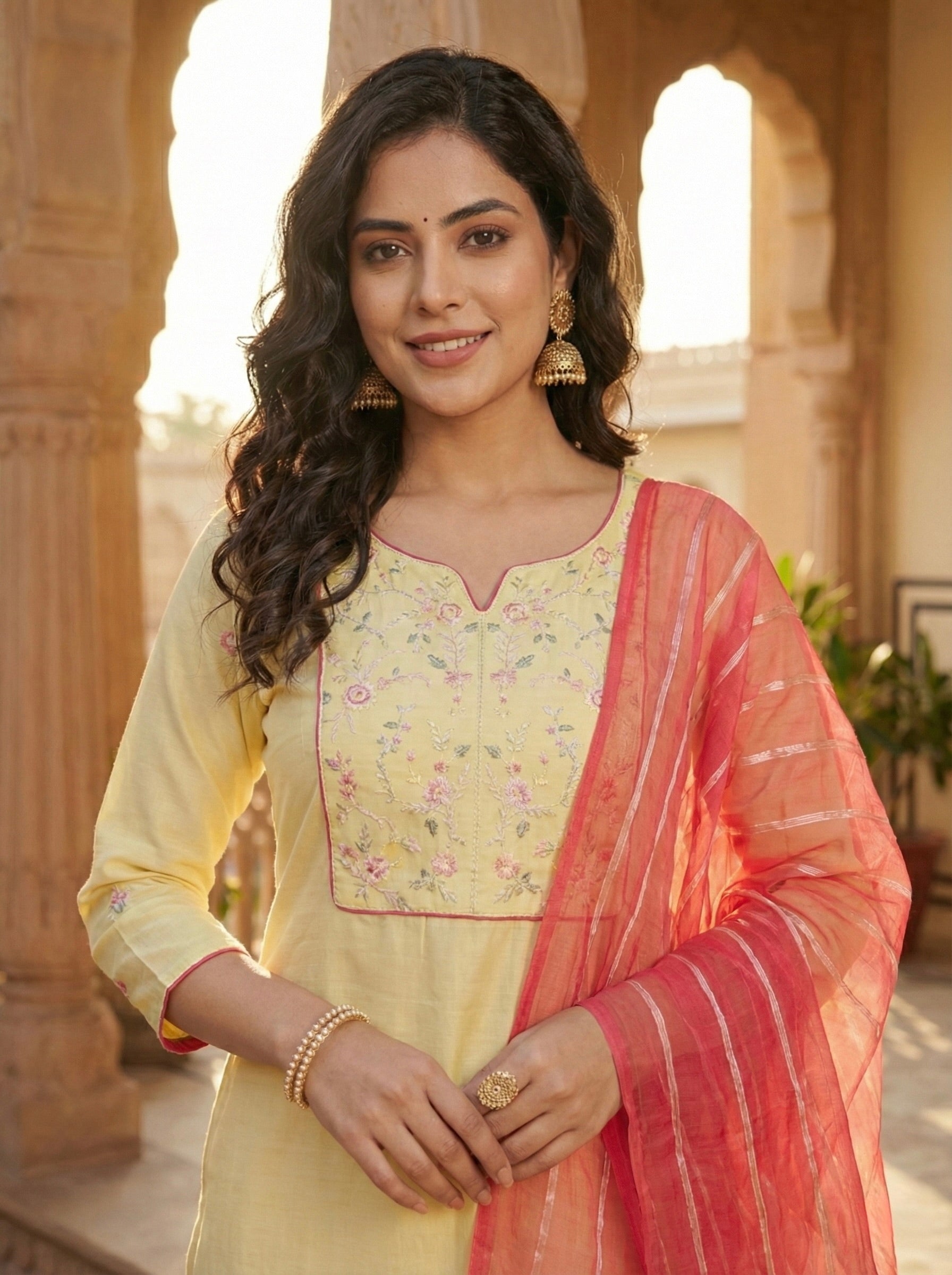 Yellow Embroidered Chinon Kurta with Dupatta Set for womens