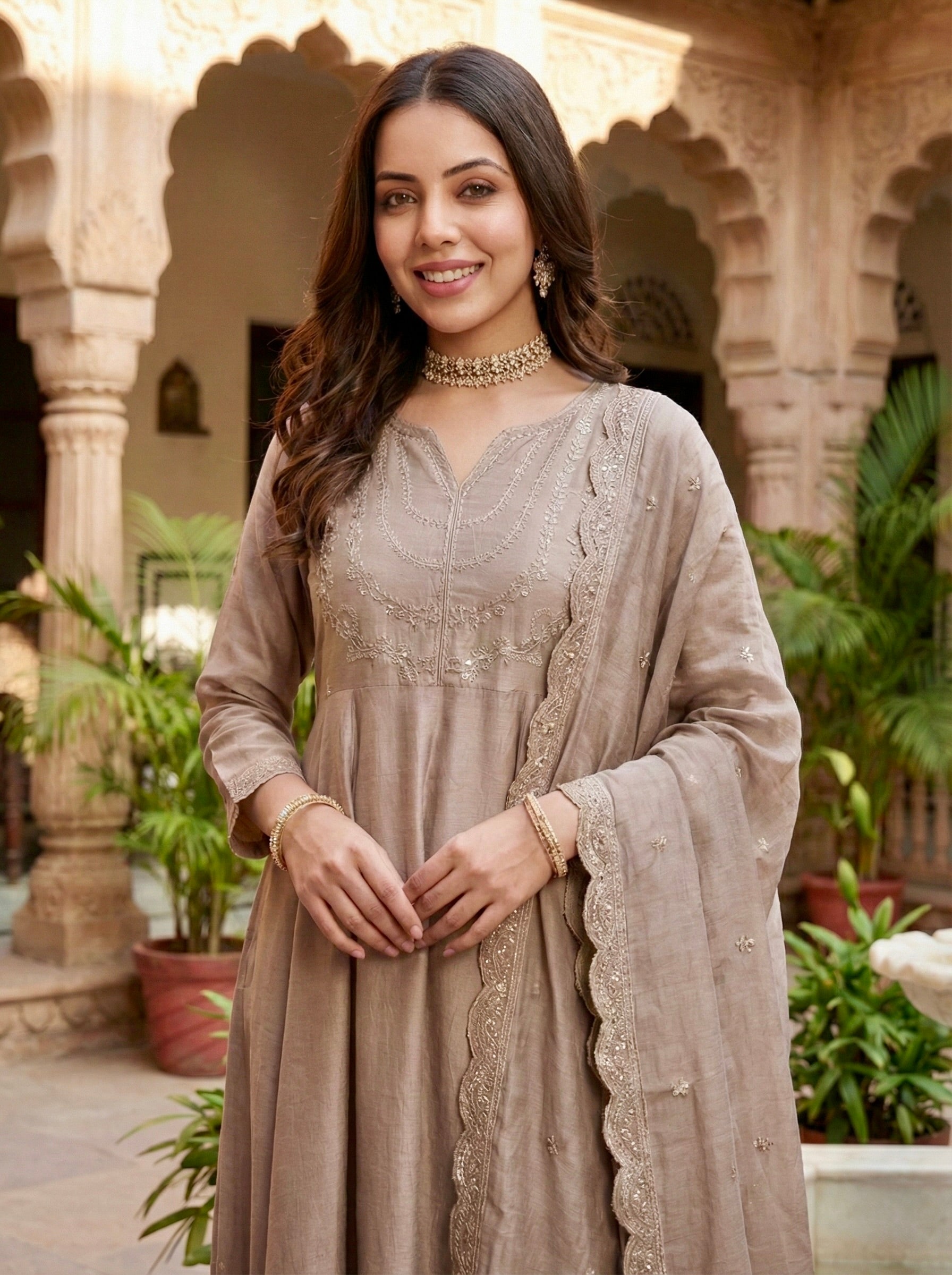 Cream Embroidered Silk Blend Anarkali Kurta With Dupatta Set
