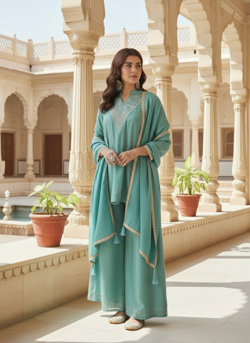 C-Green Silk Embroidered Kurta Sharara Suit With Dupatta