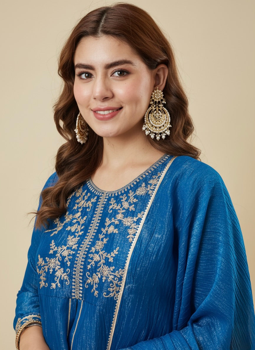 Royal Blue Silk Embroidered Top Sharara Set with Dupatta