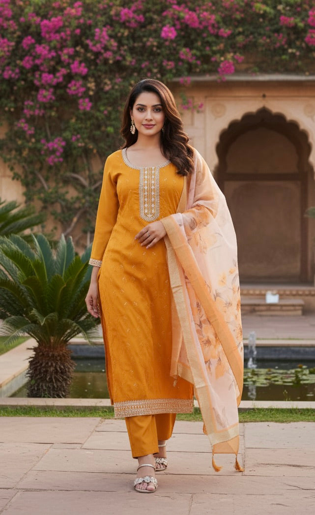 Mustard Yoke Design Chinon Straight Suit With Printed Dupatta