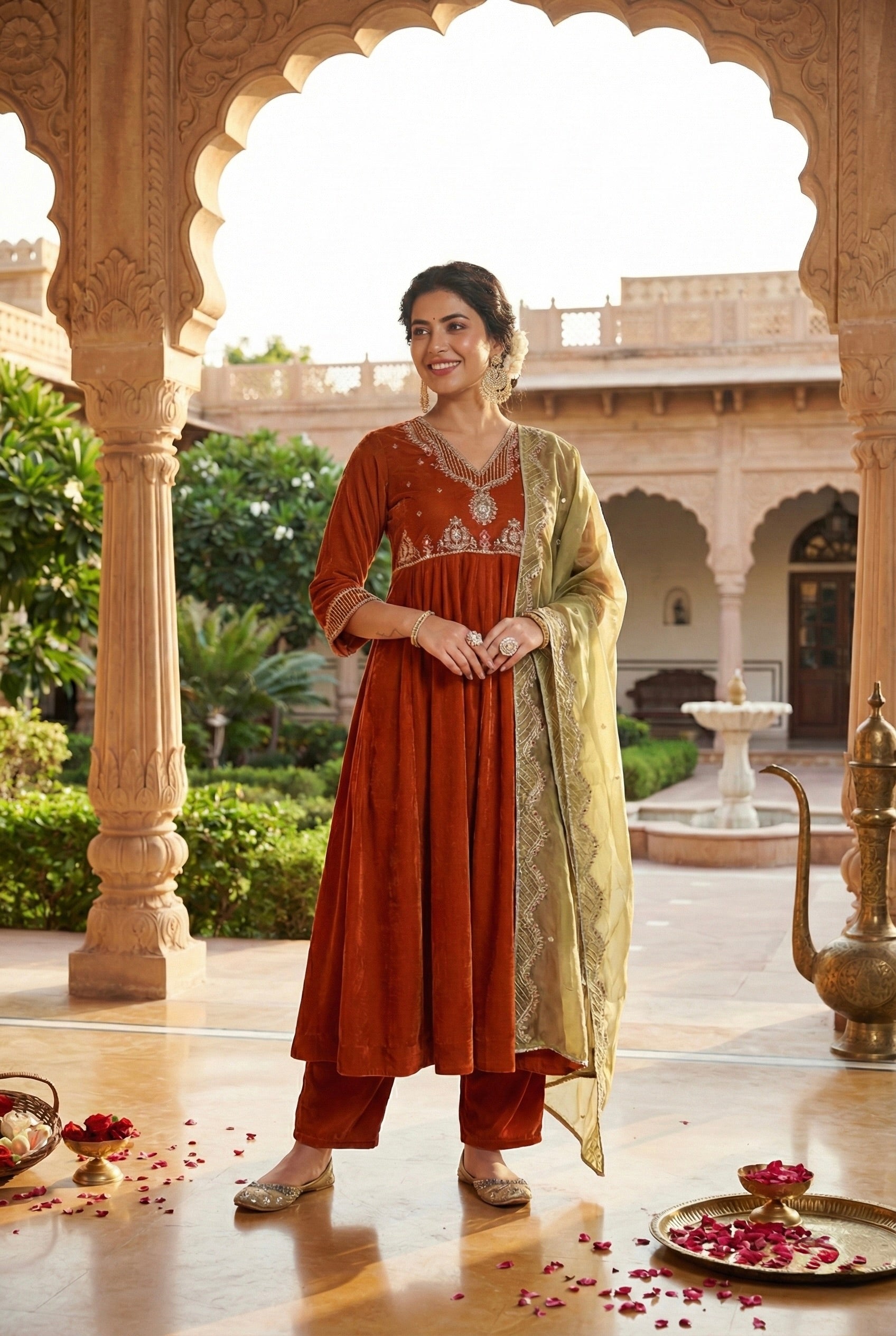 Orange Solid Velvet Anarkali Suit With Dupatta
