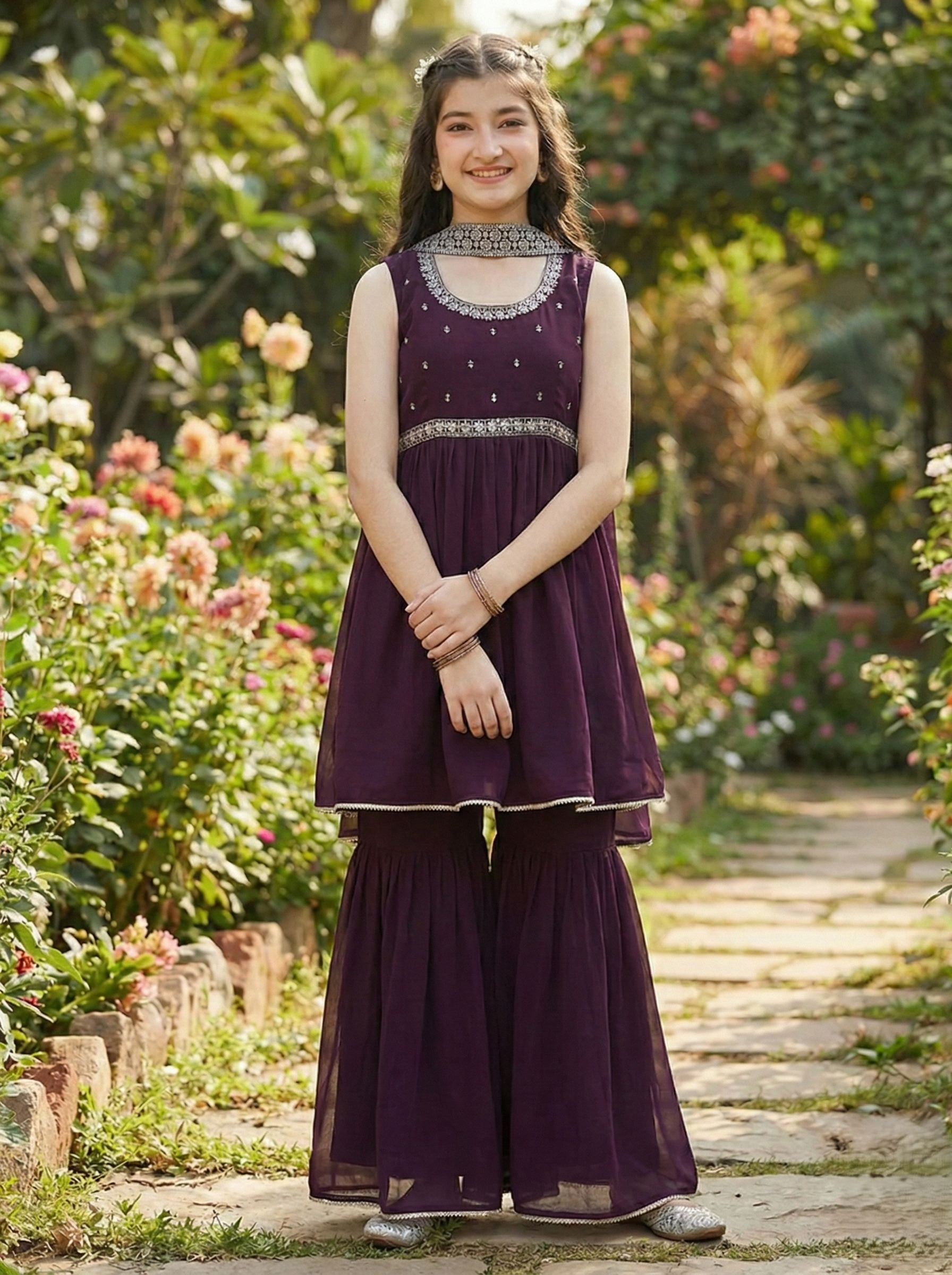 Wine Embroidered Georgette Kurta Sharara & Dupatta for girls