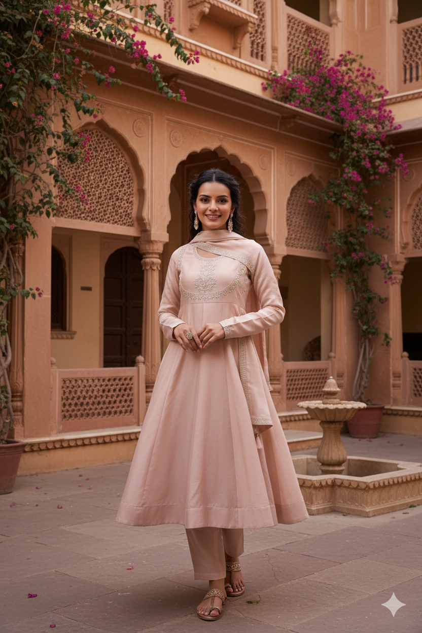 Rose Pink Embroidered Silk Blend Anarkali Kurta With Dupatta Set