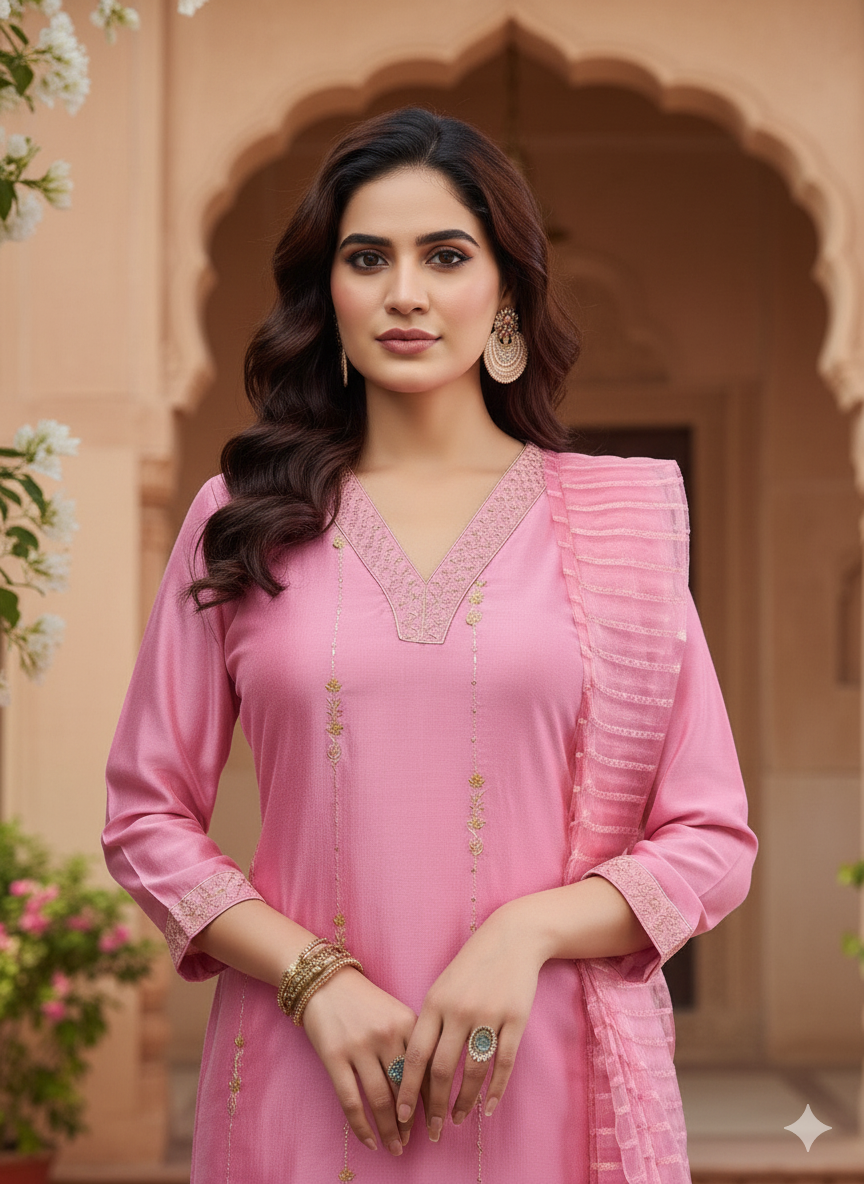 Pink Embroidered Silk Kurta with Dupatta Set