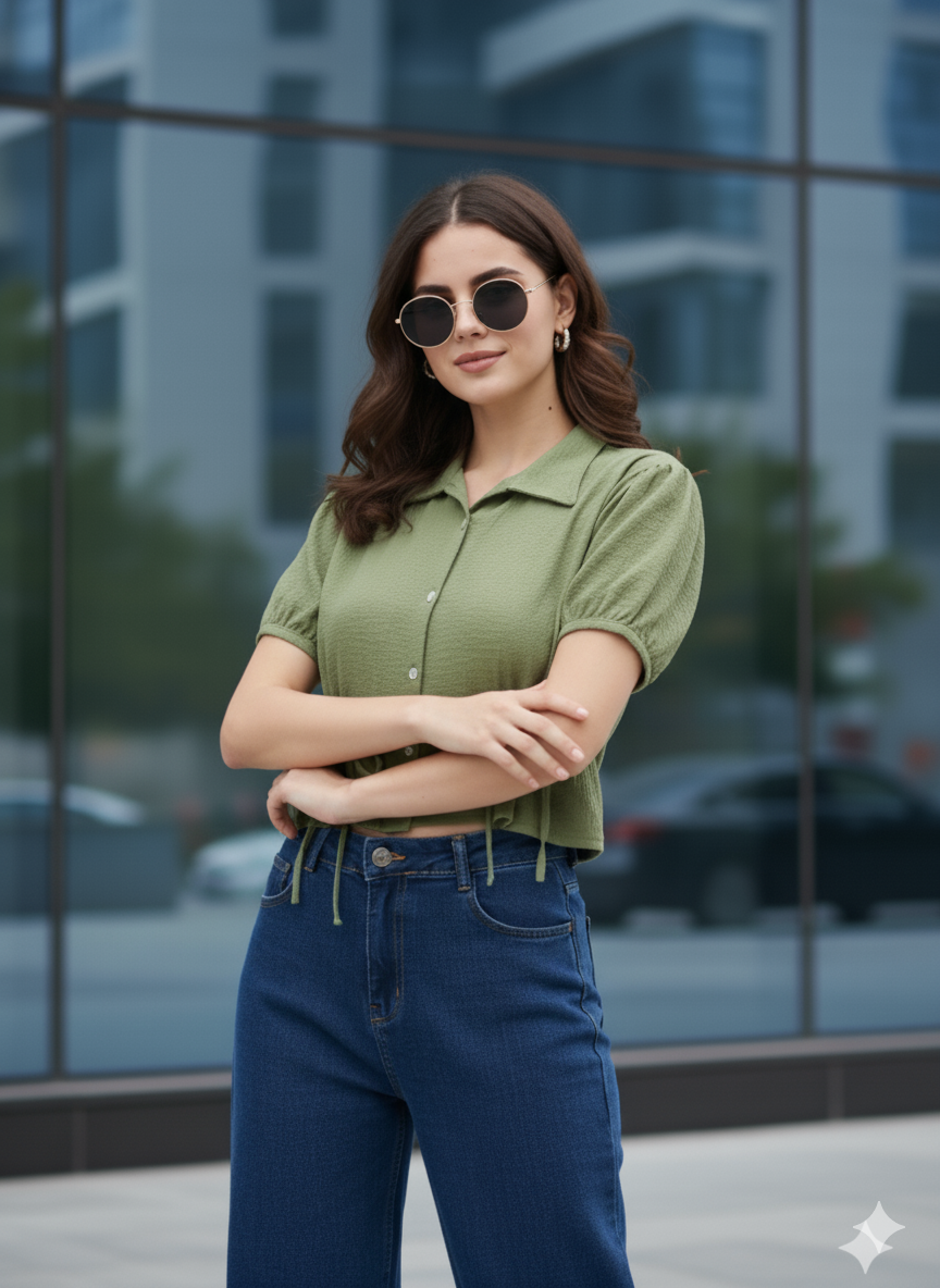 Green Polyster Plain Regular shirt for woman