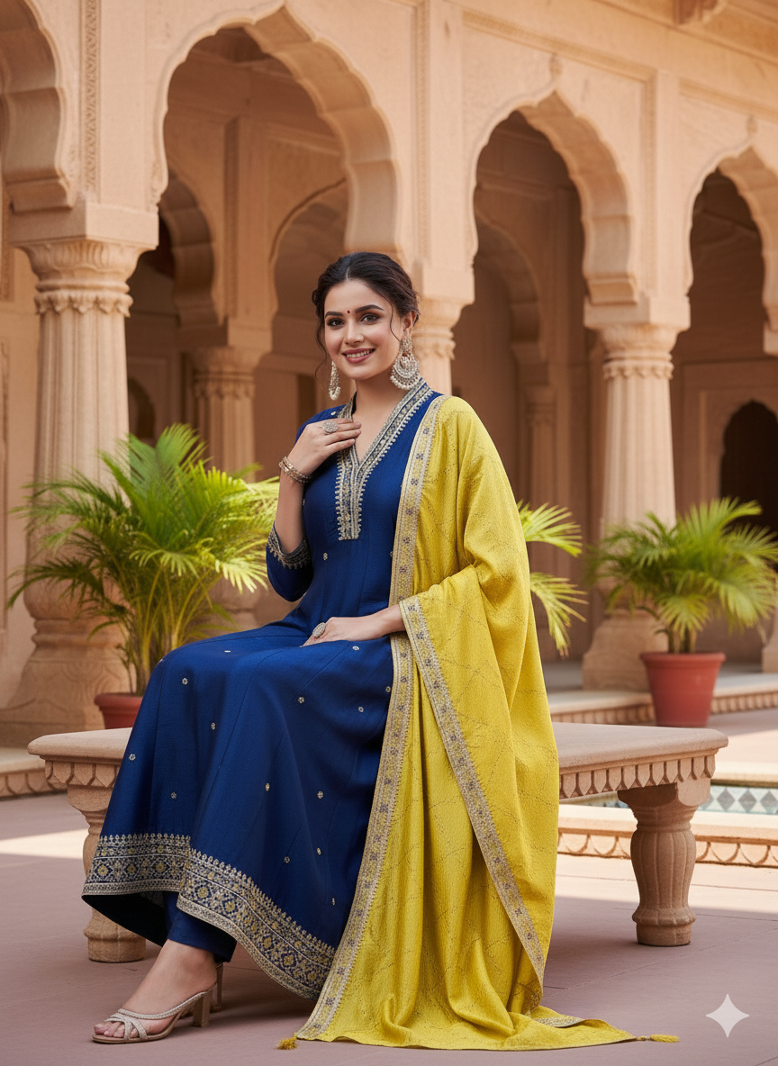 Teal Blue Embroidered Silk Anarkali Kurta With Dupatta Set