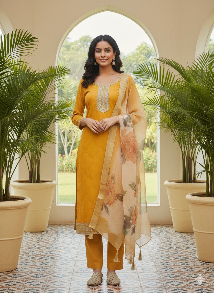 Mustard Yoke Design Chinon Straight Kurta Set with Dupatta