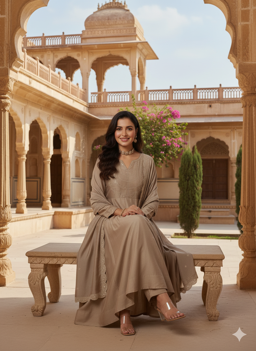 Cream Embroidered Silk Blend Anarkali Kurta With Dupatta Set