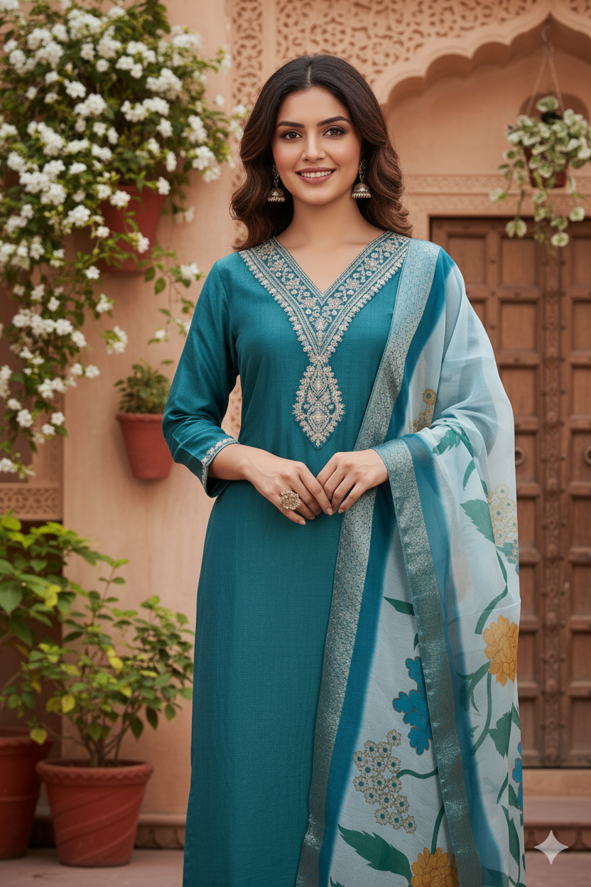 Rama Chinon embroidered Straight kurta Set