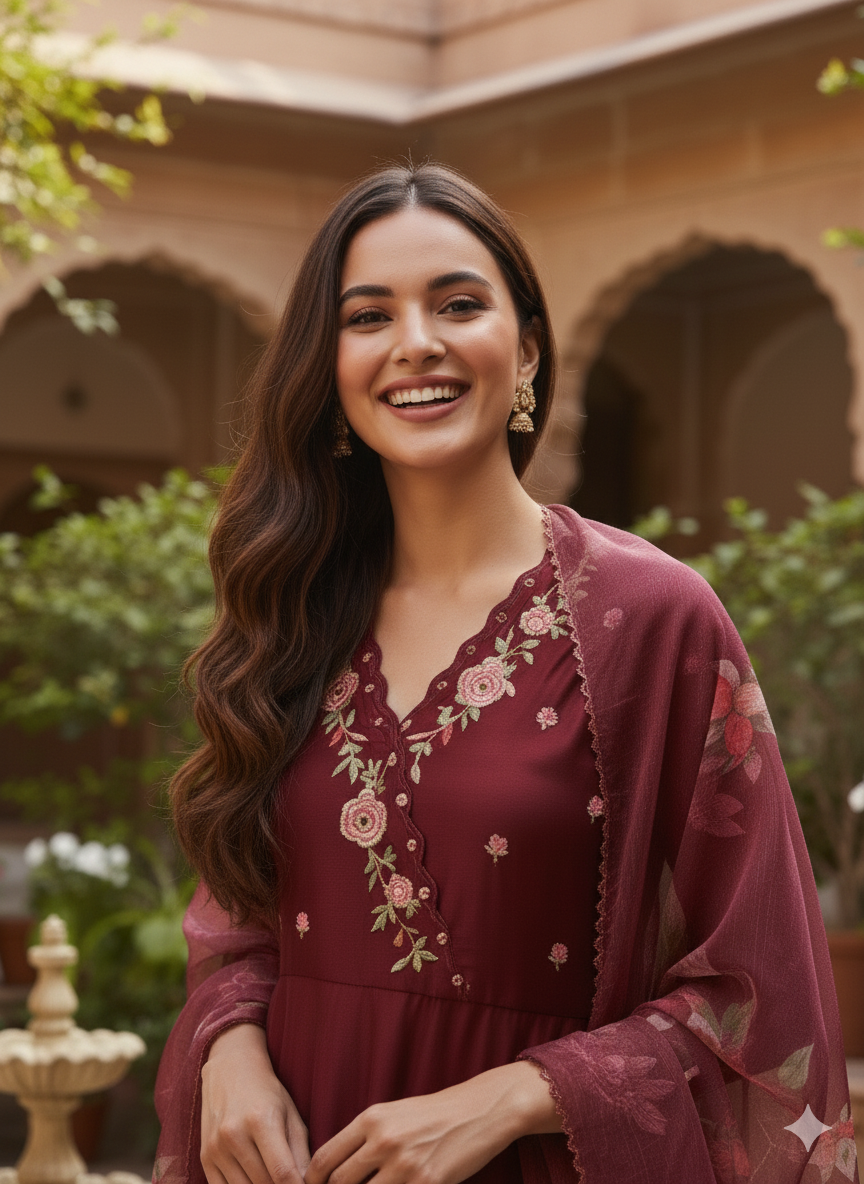 Maroon Embroidered Anarkali Kurta Set with Printed Dupatta