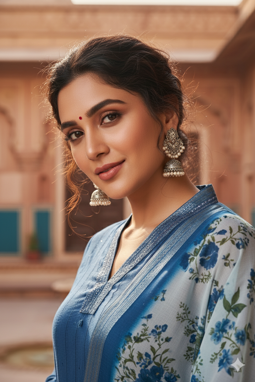 Teal Blue Chinon Embroidered Straight Kurta & Printed Dupatta Set