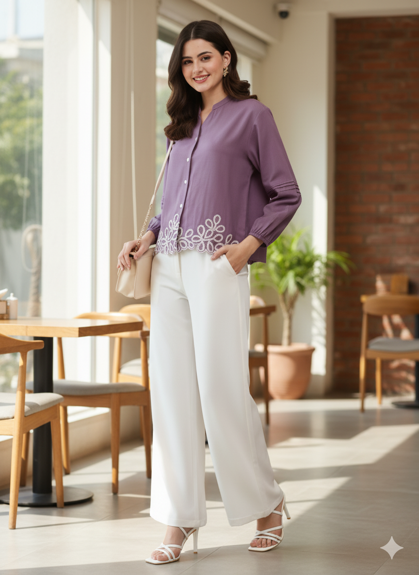Lavender Embroidered Full Sleeves Regular Rayon Shirt