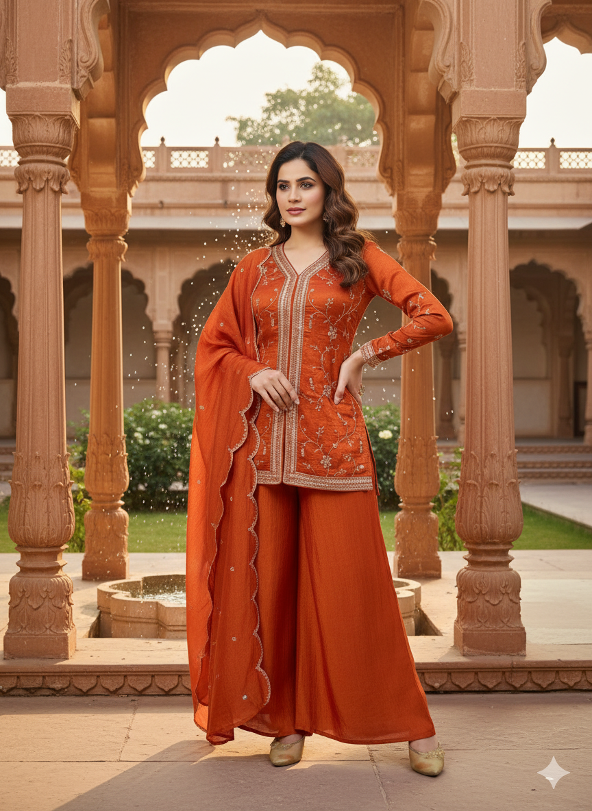 Orange Embroidered Peplum Top with Sharara Set