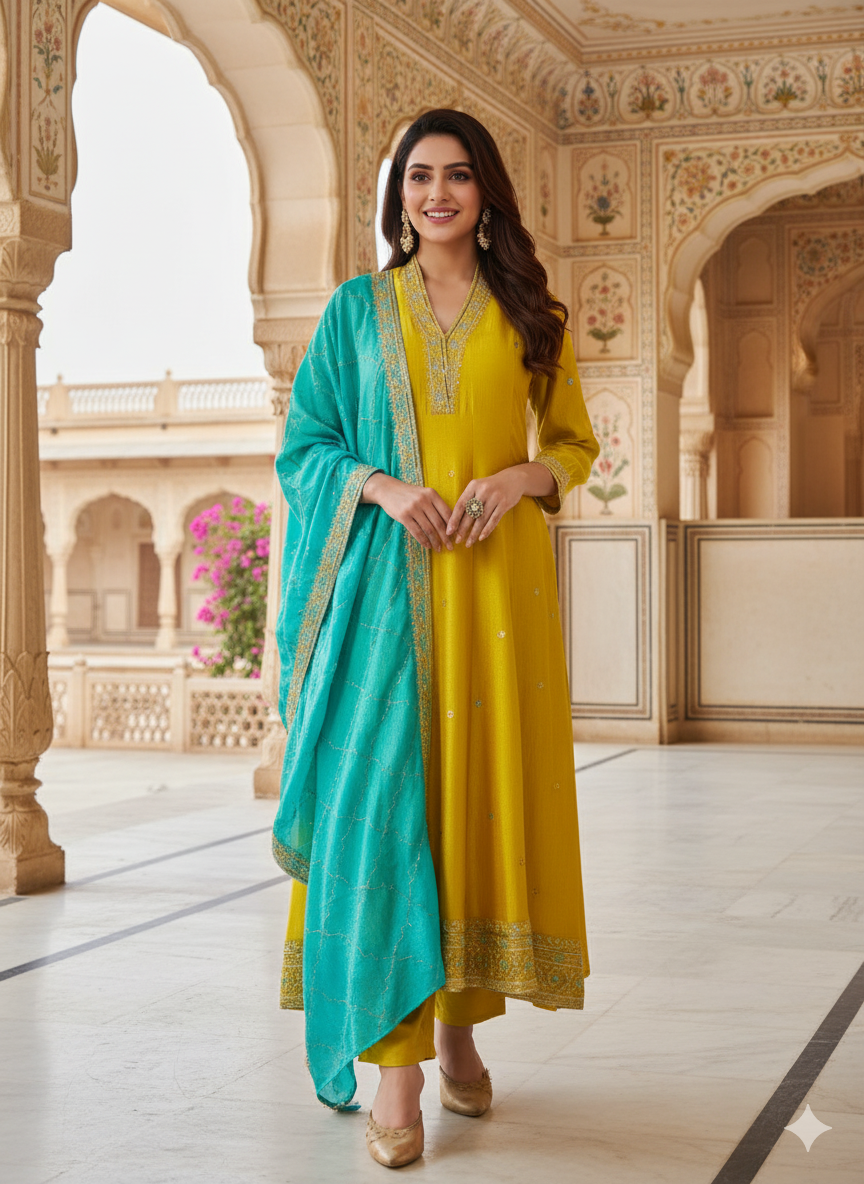 Lemon Yellow Embroidered Silk Anarkali Kurta With Dupatta Set