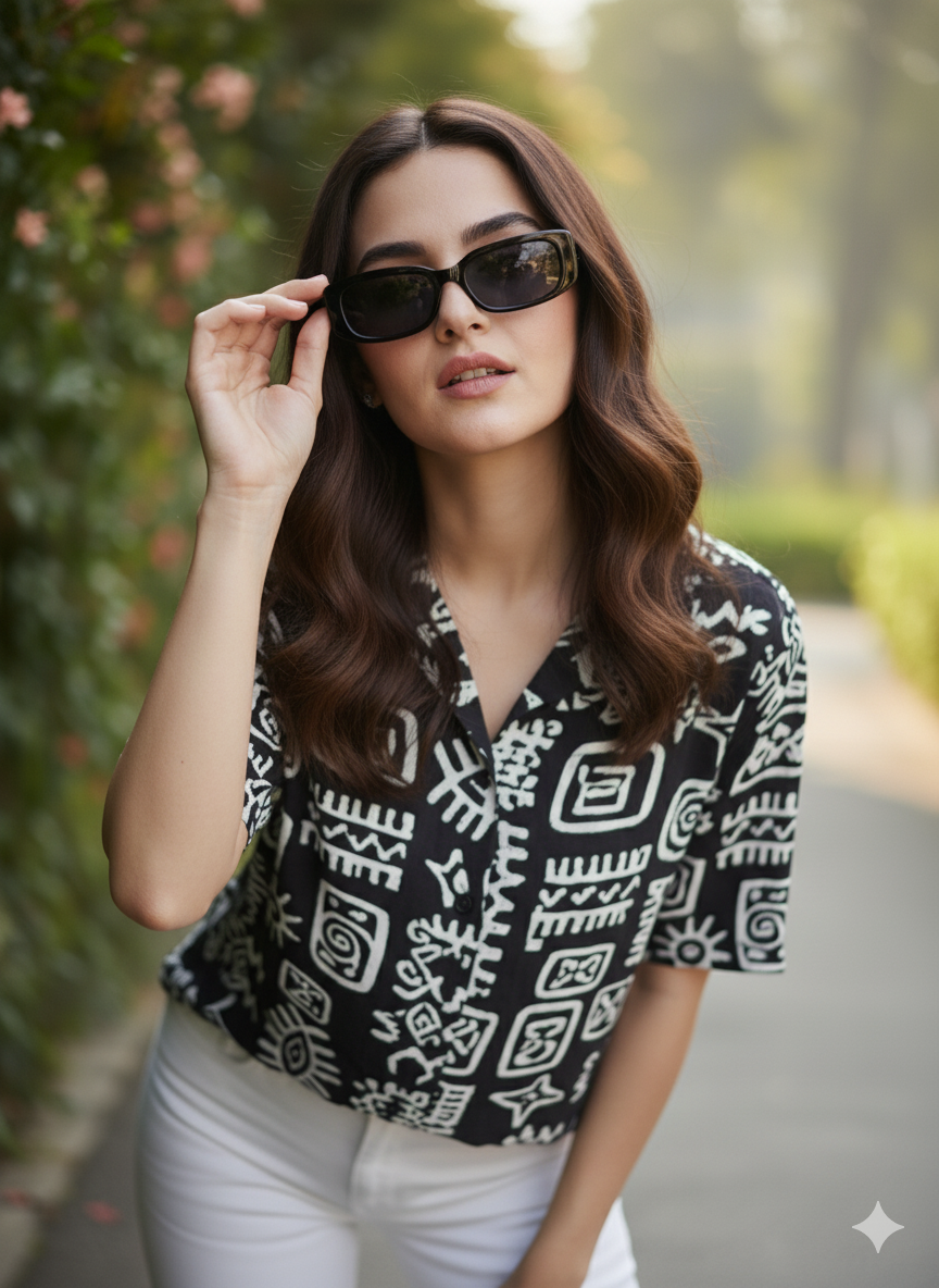 Women Black Rayon Print Regular shirt