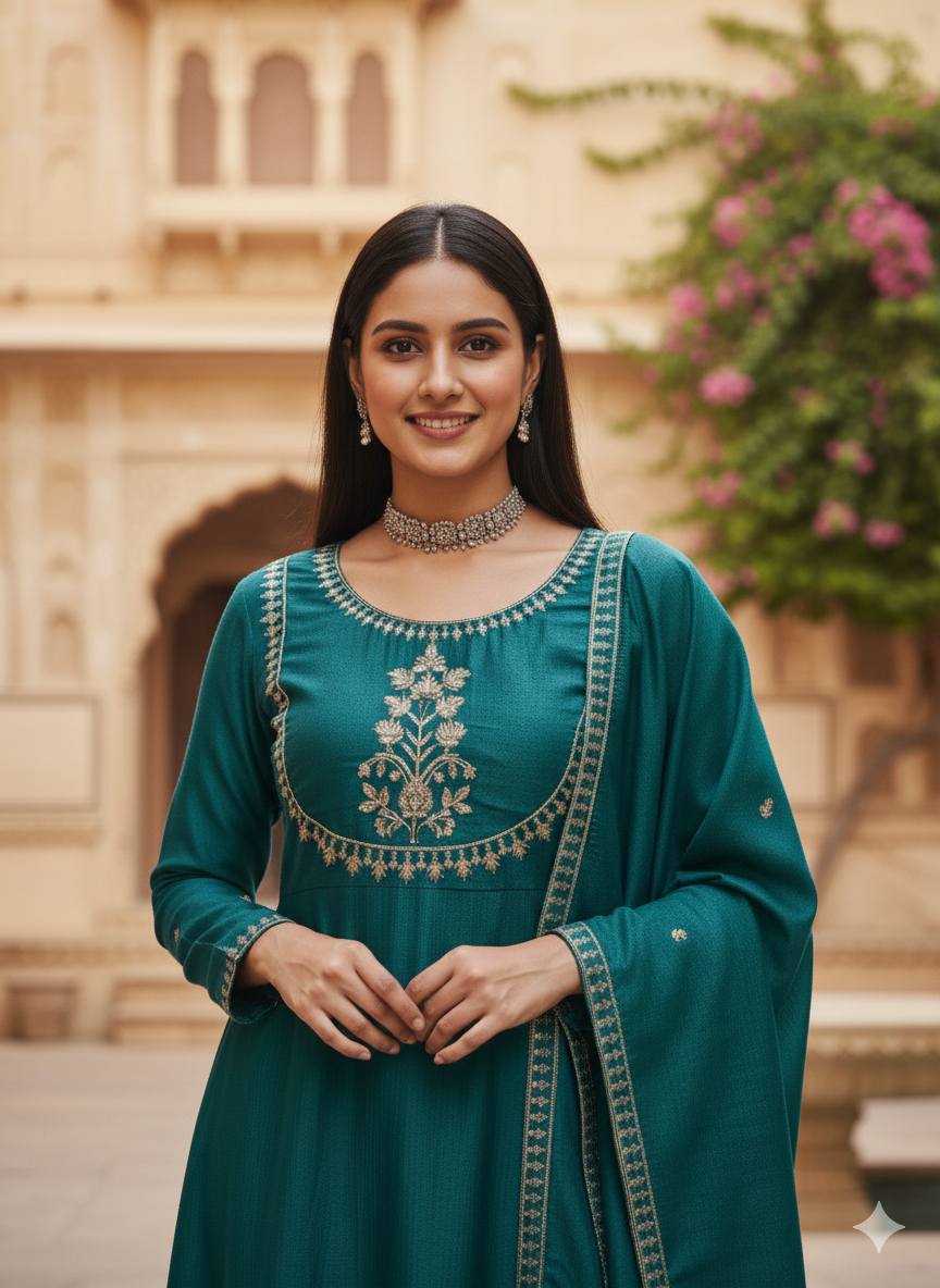 Rama Embroidered Silk Anarkali Kurta With Dupatta Set