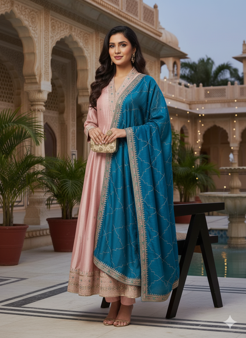 Pink Embroidered Silk Anarkali Kurta With Dupatta Set