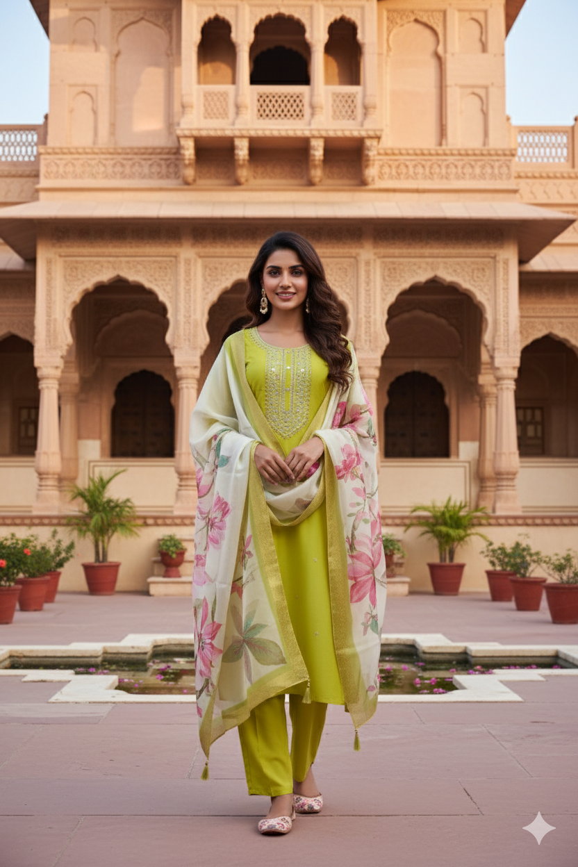Neon Chinon Kurta Duppta Set with neck patch work