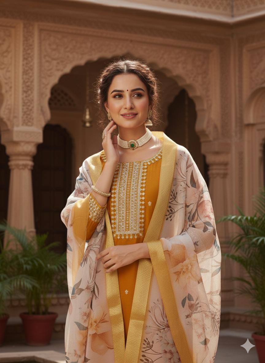Mustard Embroidered Chinon Straight Suit With Printed Dupatta