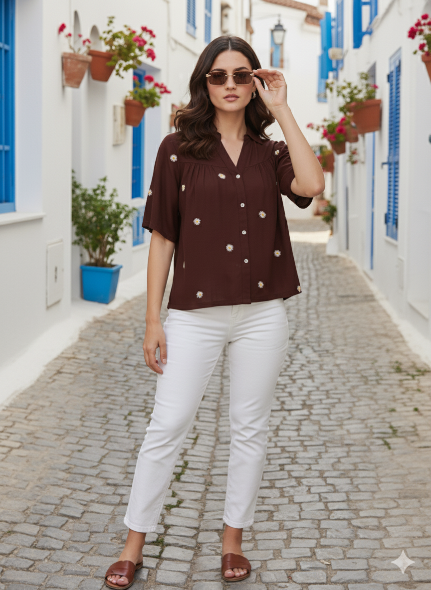 Women's Coffee Embroidered Rayon Oversize Shirt