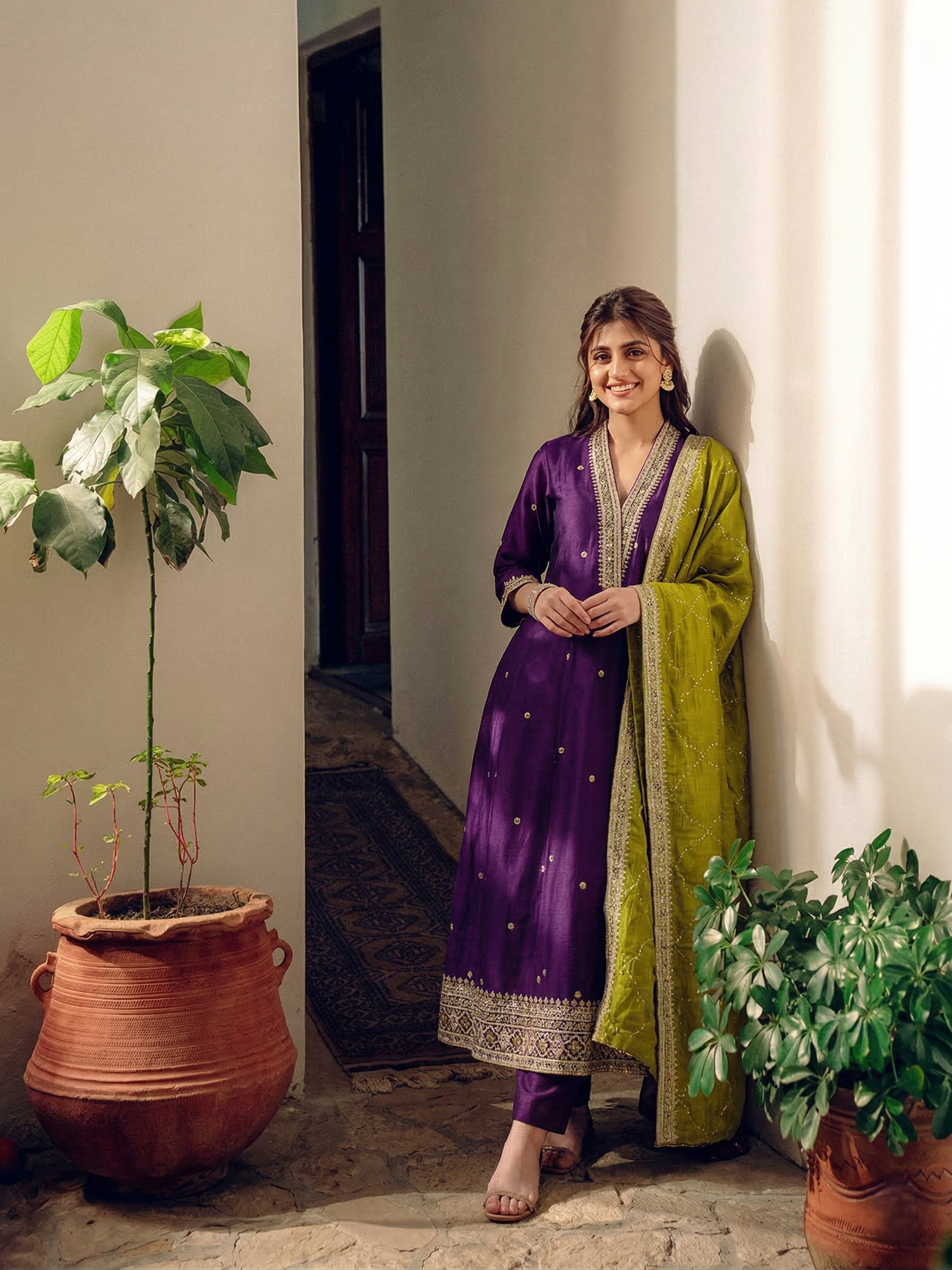 Violet Embroidered Silk Anarkali Kurta With Dupatta Set