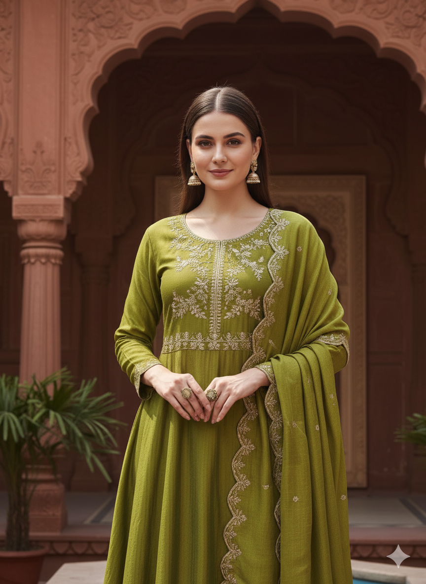 Green Silk Embroidered Anarkali Kurta And Dupatta set