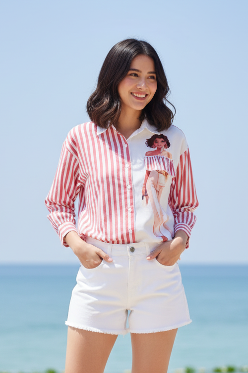 Pink Striped & Graphic Print Cotton Shirt for Women