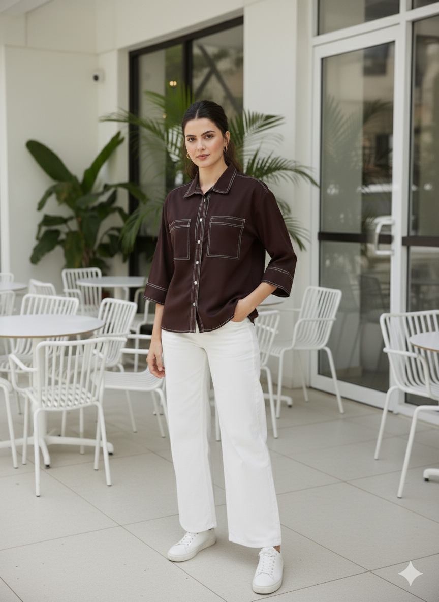 Coffee Crepe Plain Regular shirt for woman