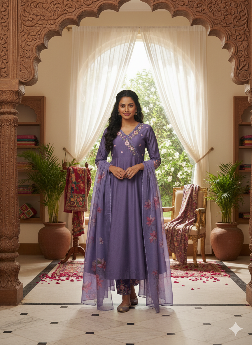 Purple Embroidered Anarkali Kurta Set with Printed Dupatta