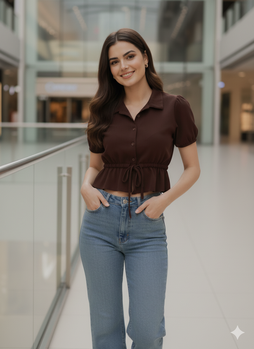 Coffee Polyster Plain Regular shirt for woman