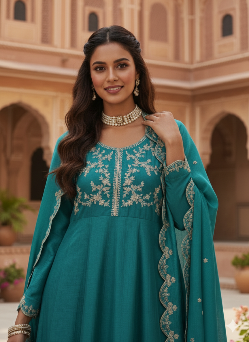 Rama Silk Embroidered Anarkali Kurta And Dupatta set