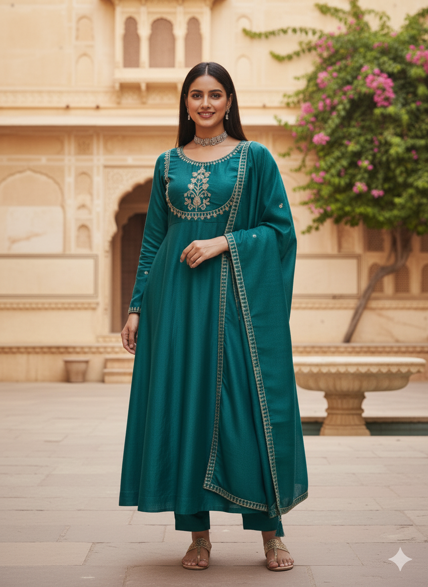 Rama Embroidered Silk Anarkali Kurta With Dupatta Set