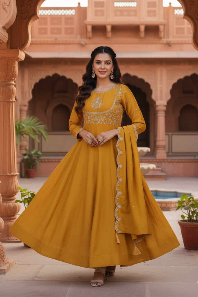 Mustard Embroidered Silk Blend Anarkali Kurta With Dupatta Set