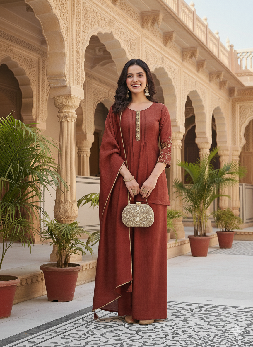 Brown Embroidered Peplum Top with Sharara Set