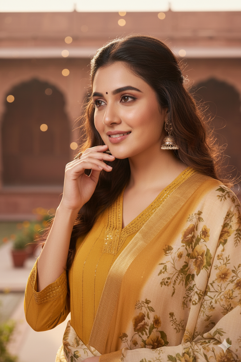 Mustard Chinon Embroidered Straight Kurta & Printed Dupatta Set